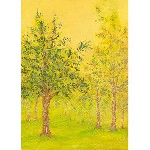Into the Trees - Acrylic Forest Landscape Painting by Deb Bossert Artworks, 5x7"